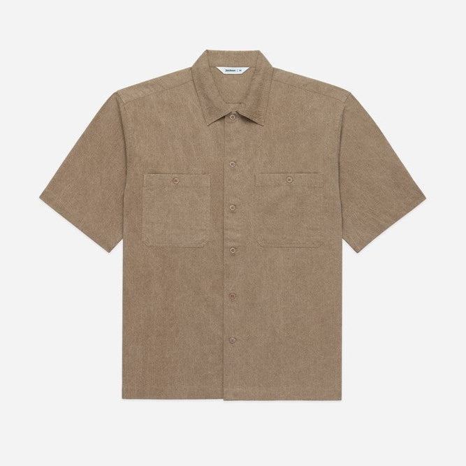 Brown short-sleeve shirt with two front pockets on a white background